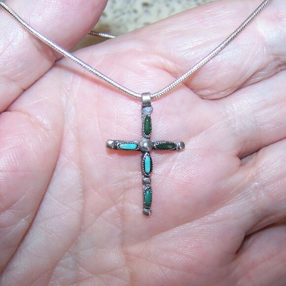 Vintage Native American Zuni Sterling Silver Turquoise Cross Pendant - Picture 1 of 5
